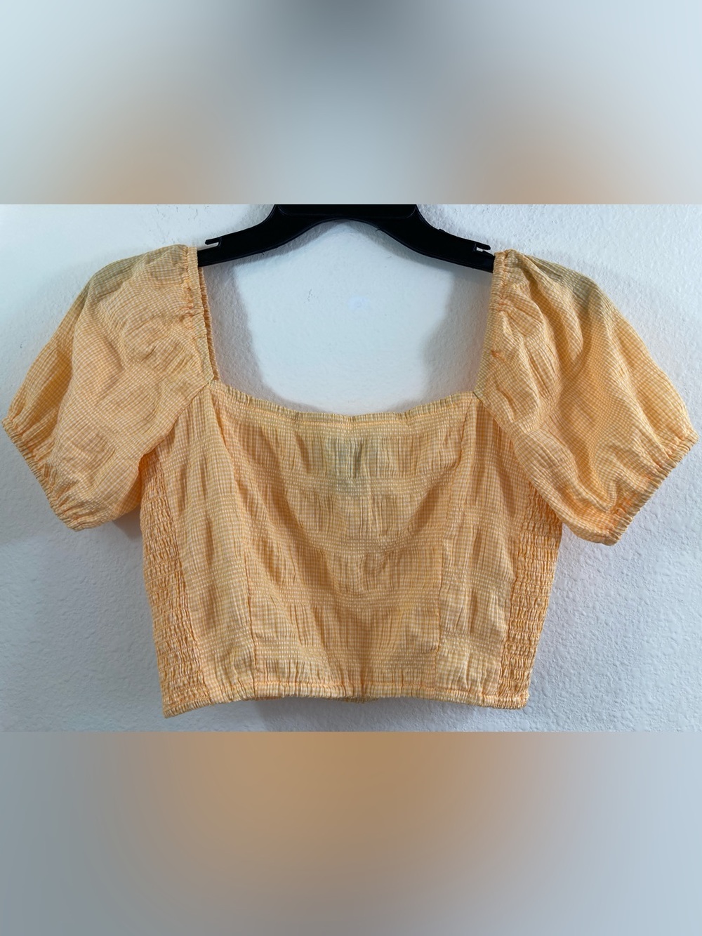 Forever 21 Sunflower Gingham Puff Sleeve Crop Top Size XS Square Neck
